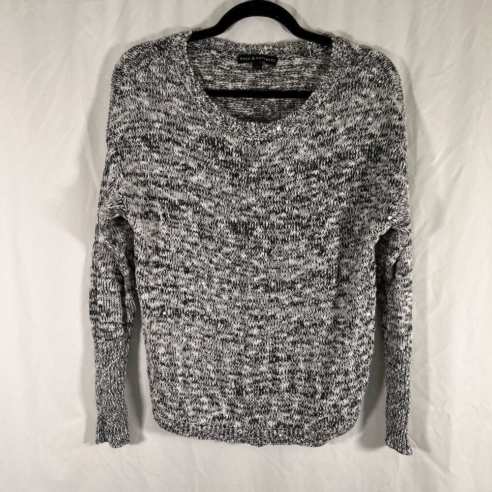 Rock Republic Sweater Women's Medium White Black Knit Sequin Round Neck Pullover